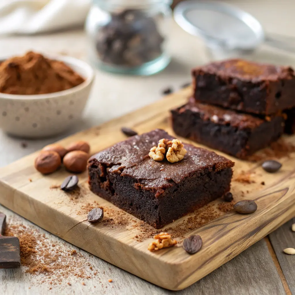 Sweet potato brownies close-up on wooden board