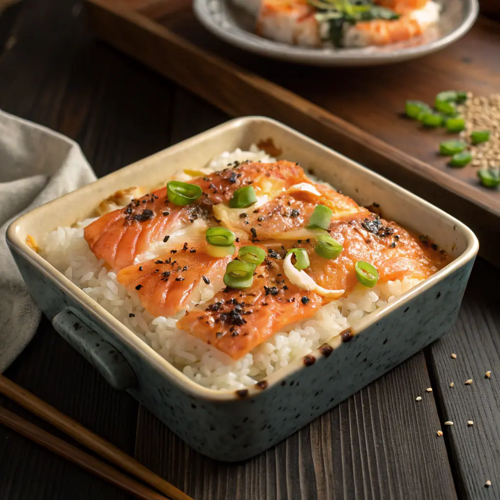 Spicy salmon sushi bake served in baking dish