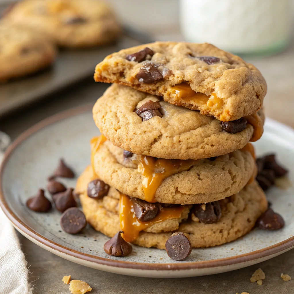 Butterscotch chocolate chip cookies stacked on a plate