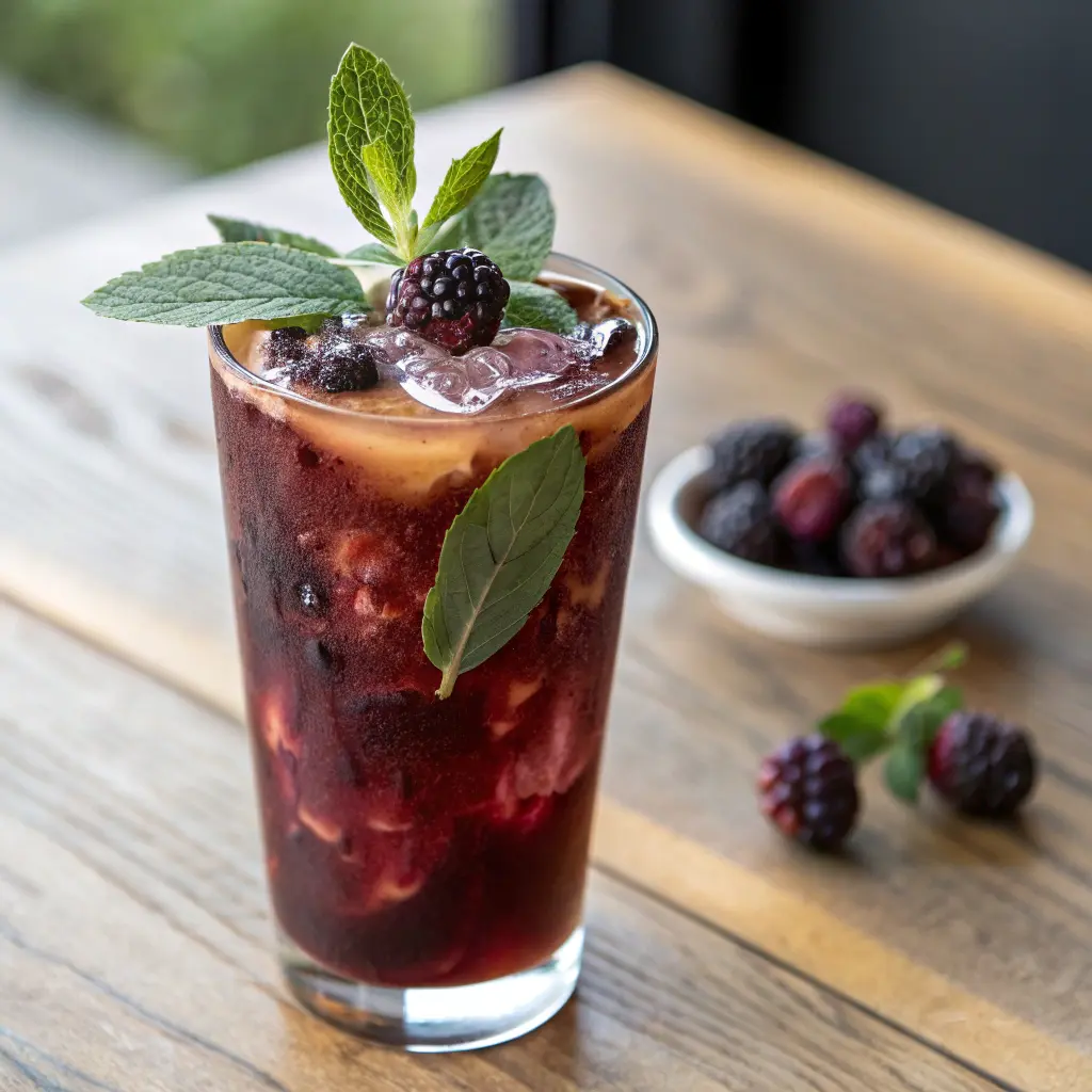 Blackberry sage cold brew in a glass