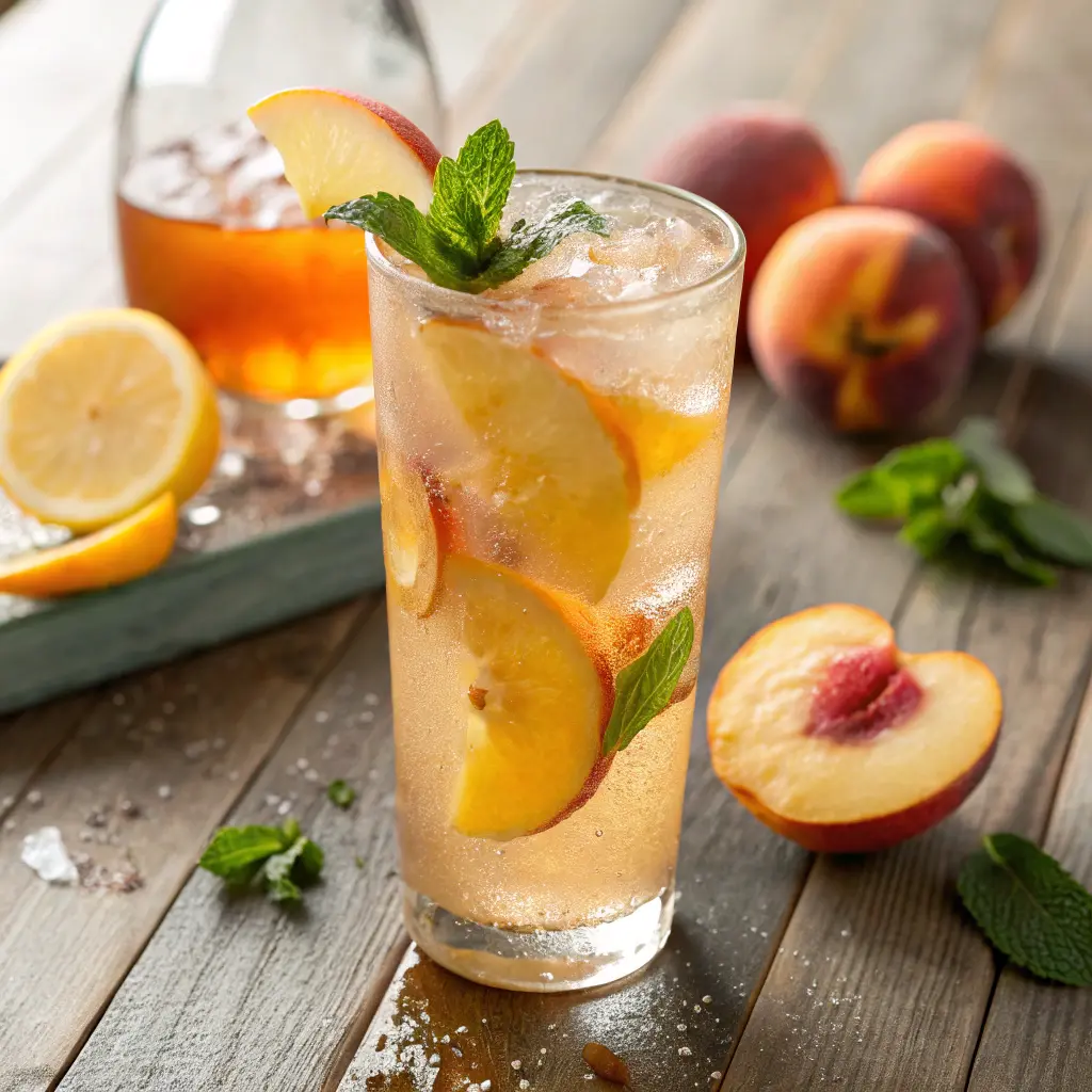 Fresh peach lemonade in a glass with ice and mint