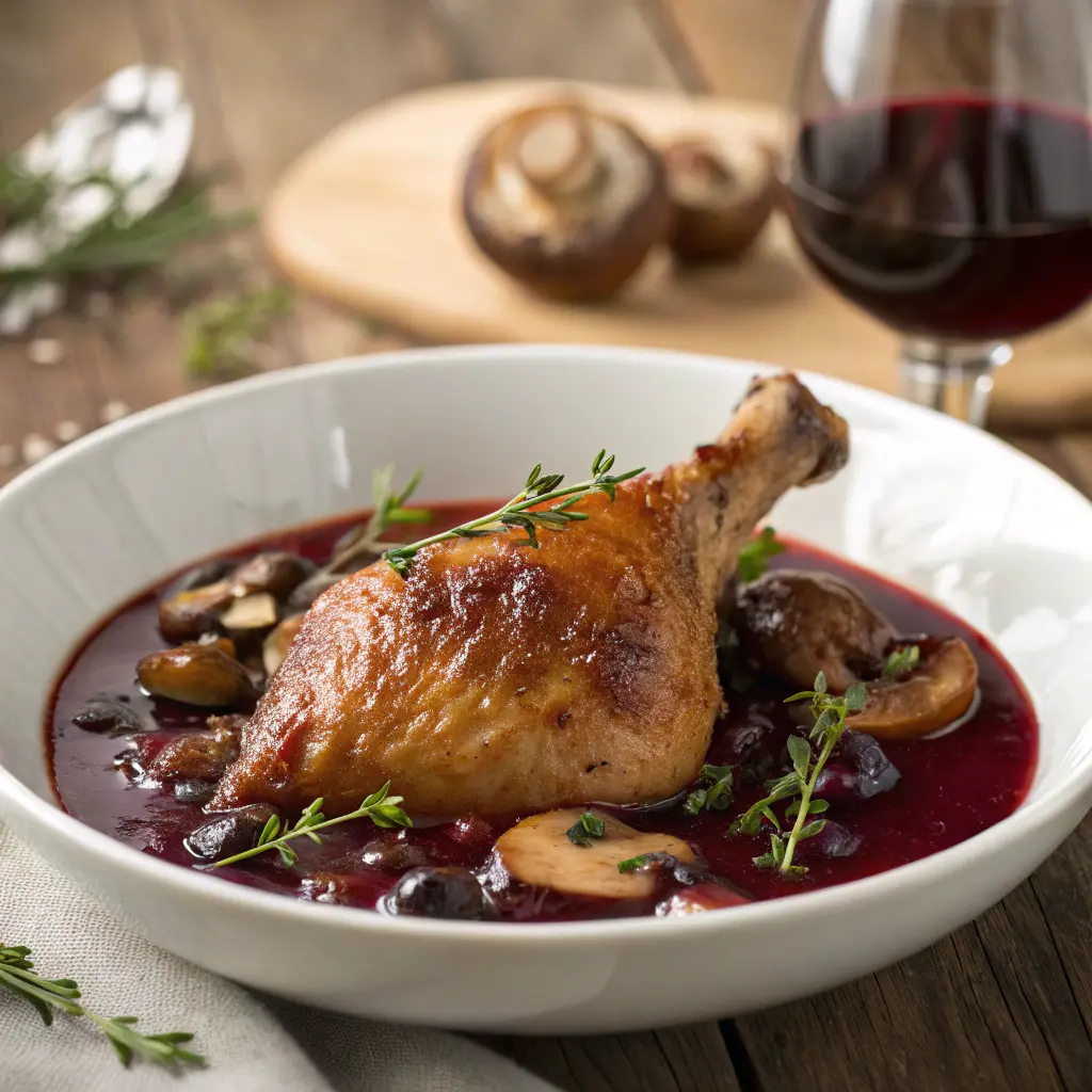 Chicken pinot noir plated with red wine sauce