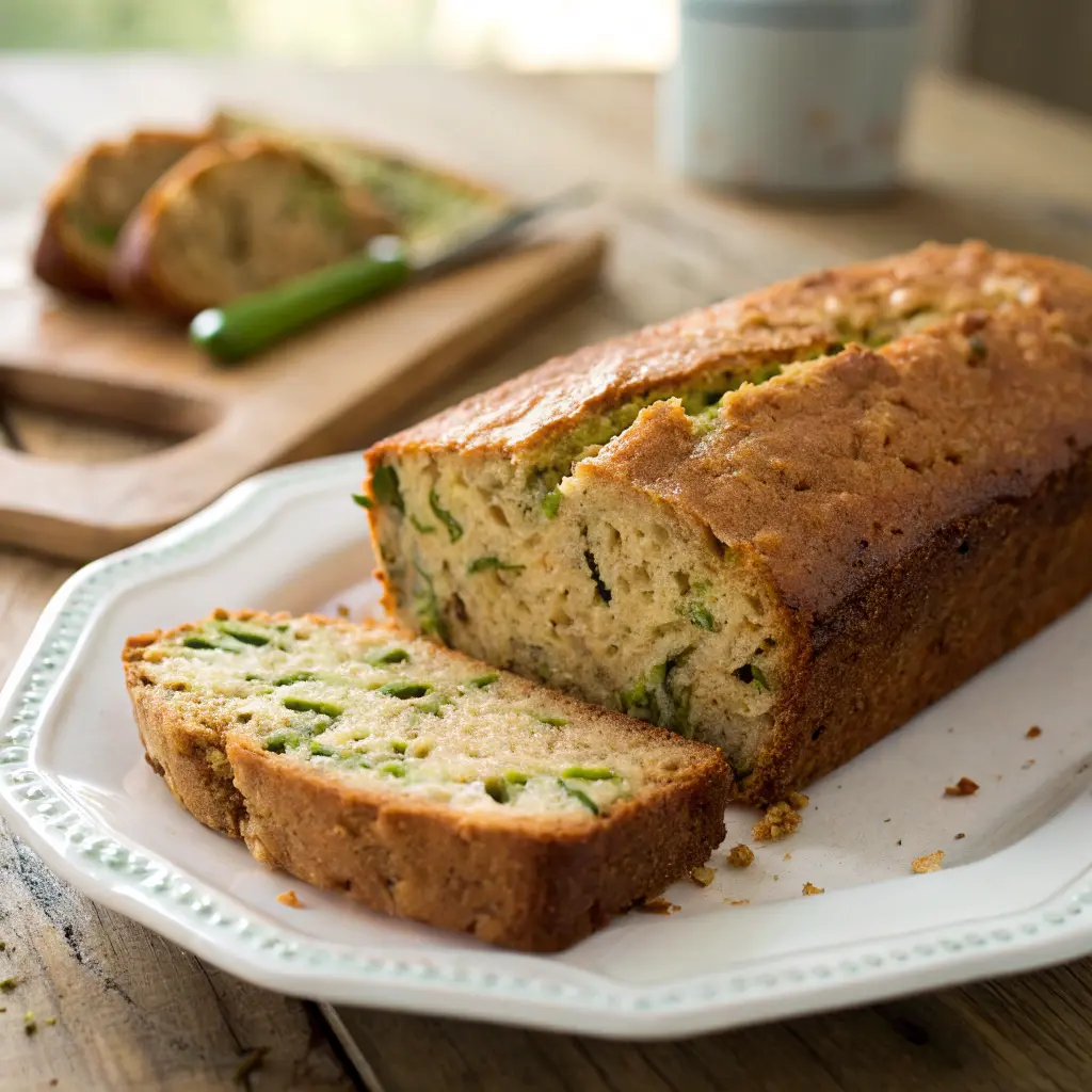 Slice of cooks zucchini bread on plate
