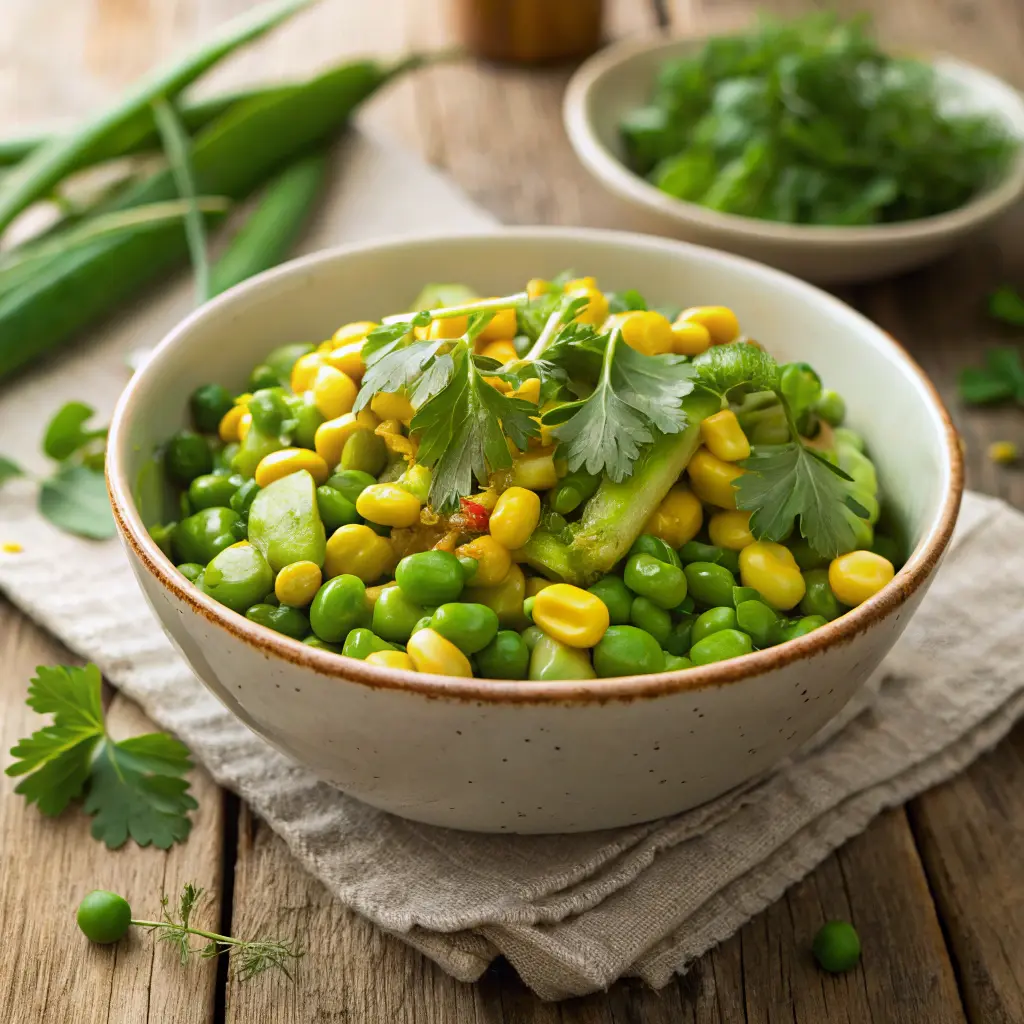 Fresh spring succotash with peas, corn, lima beans
