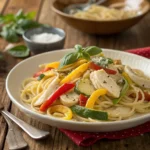 Creamy Pasta Primavera served on a rustic plate