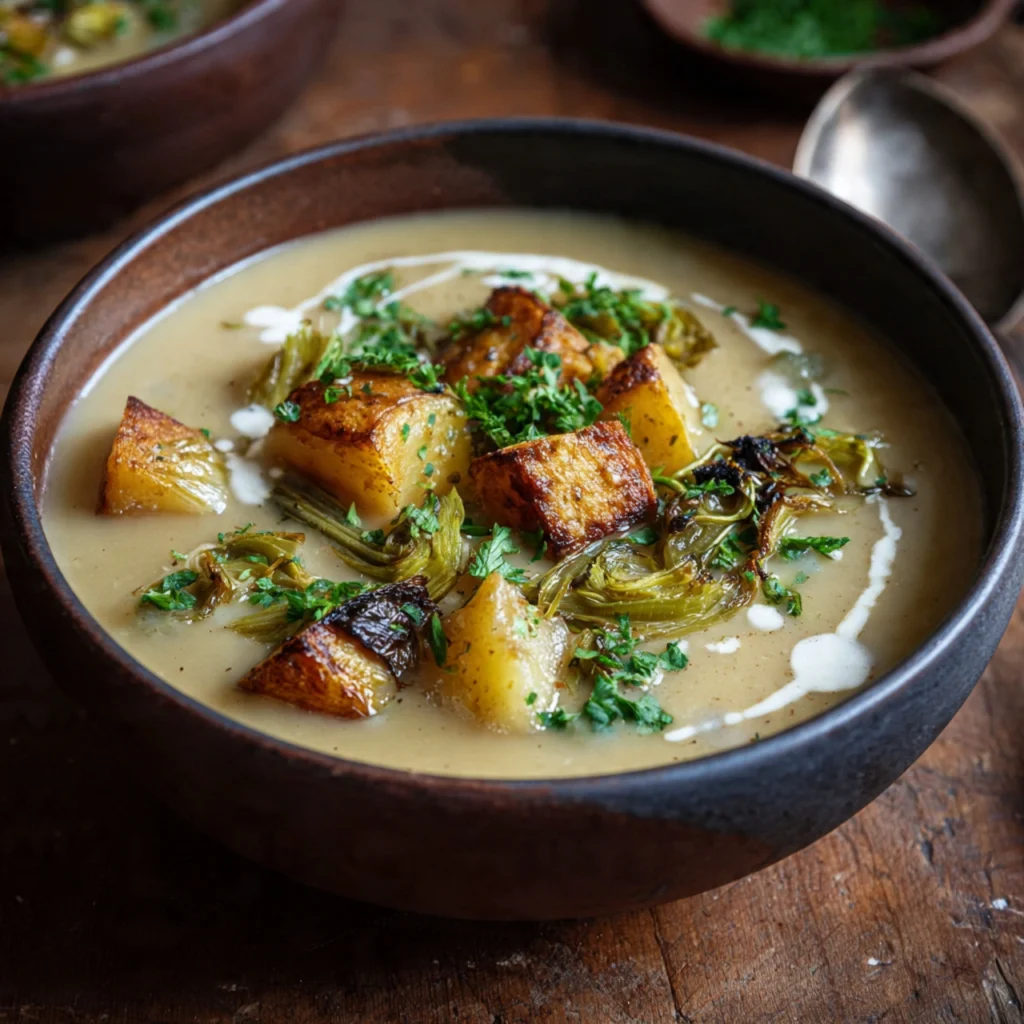 Best Roasted Celery and Potato Soup served hot in a white bowl