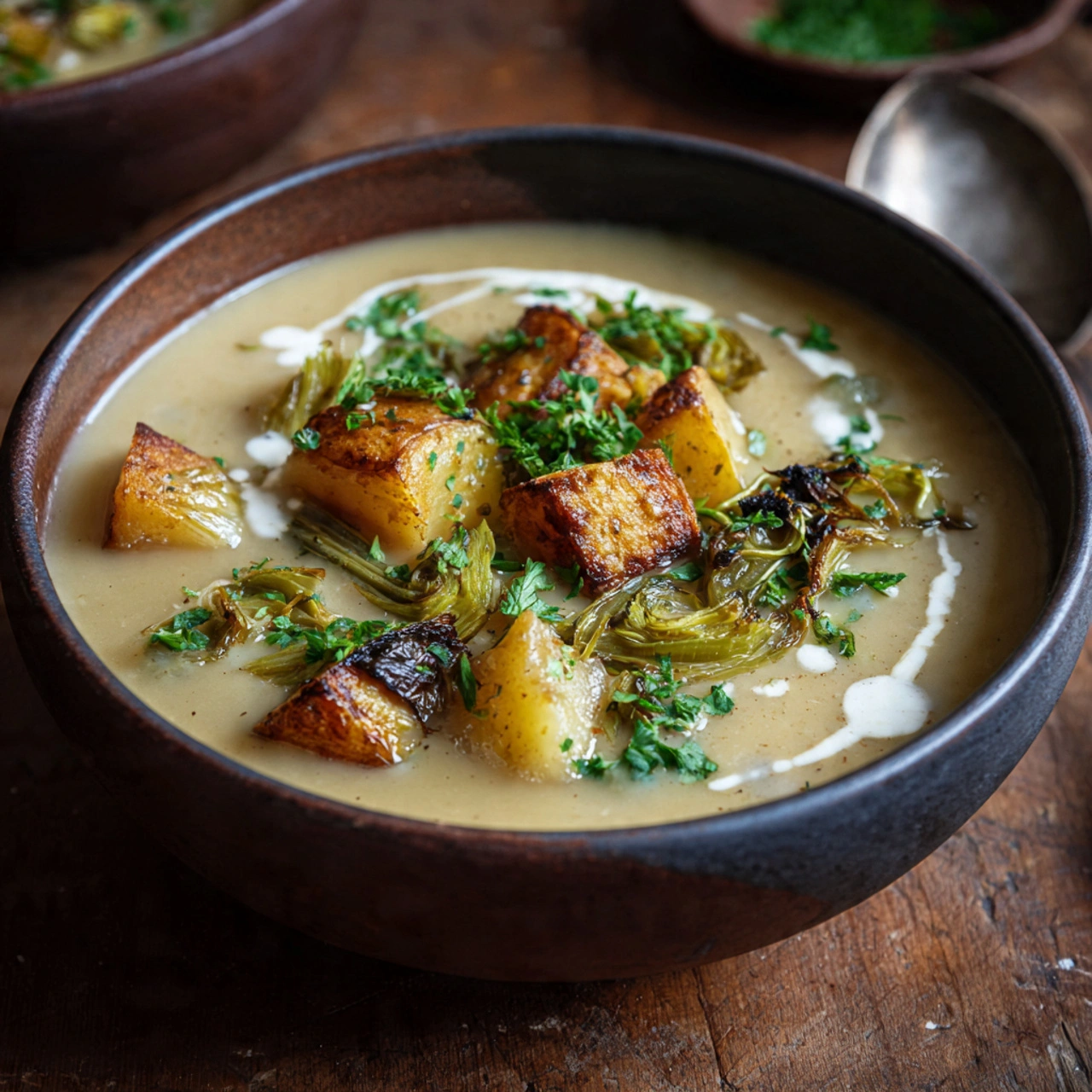 Best Roasted Celery and Potato Soup served hot in a white bowl