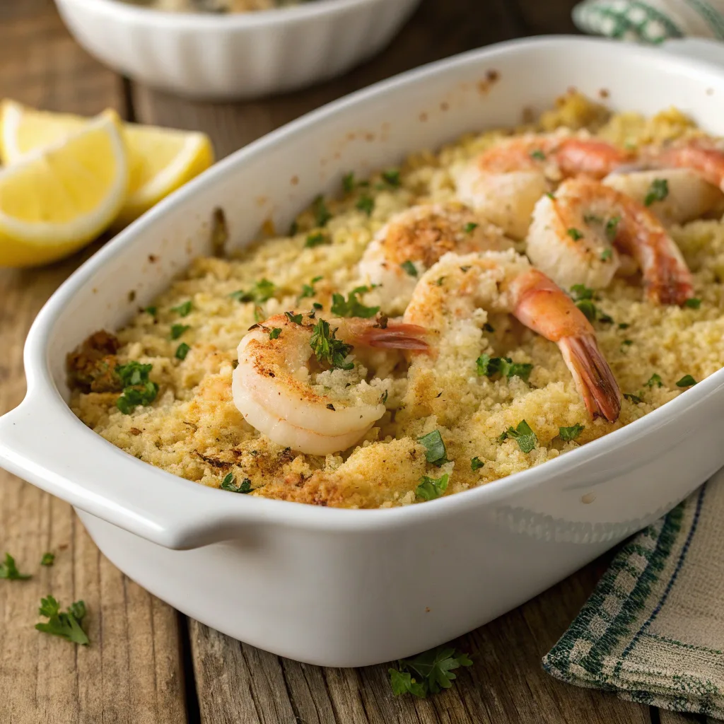 Baked Shrimp Oreganata in white dish