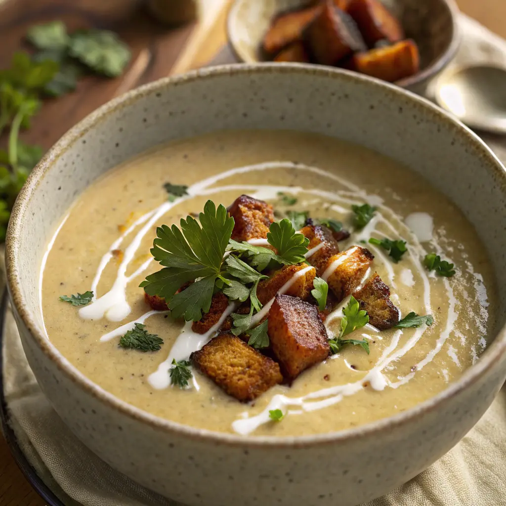 Creamy roasted celery and potato soup after blending