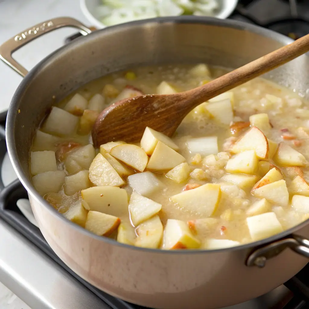 Cooking pear potato soup in pot