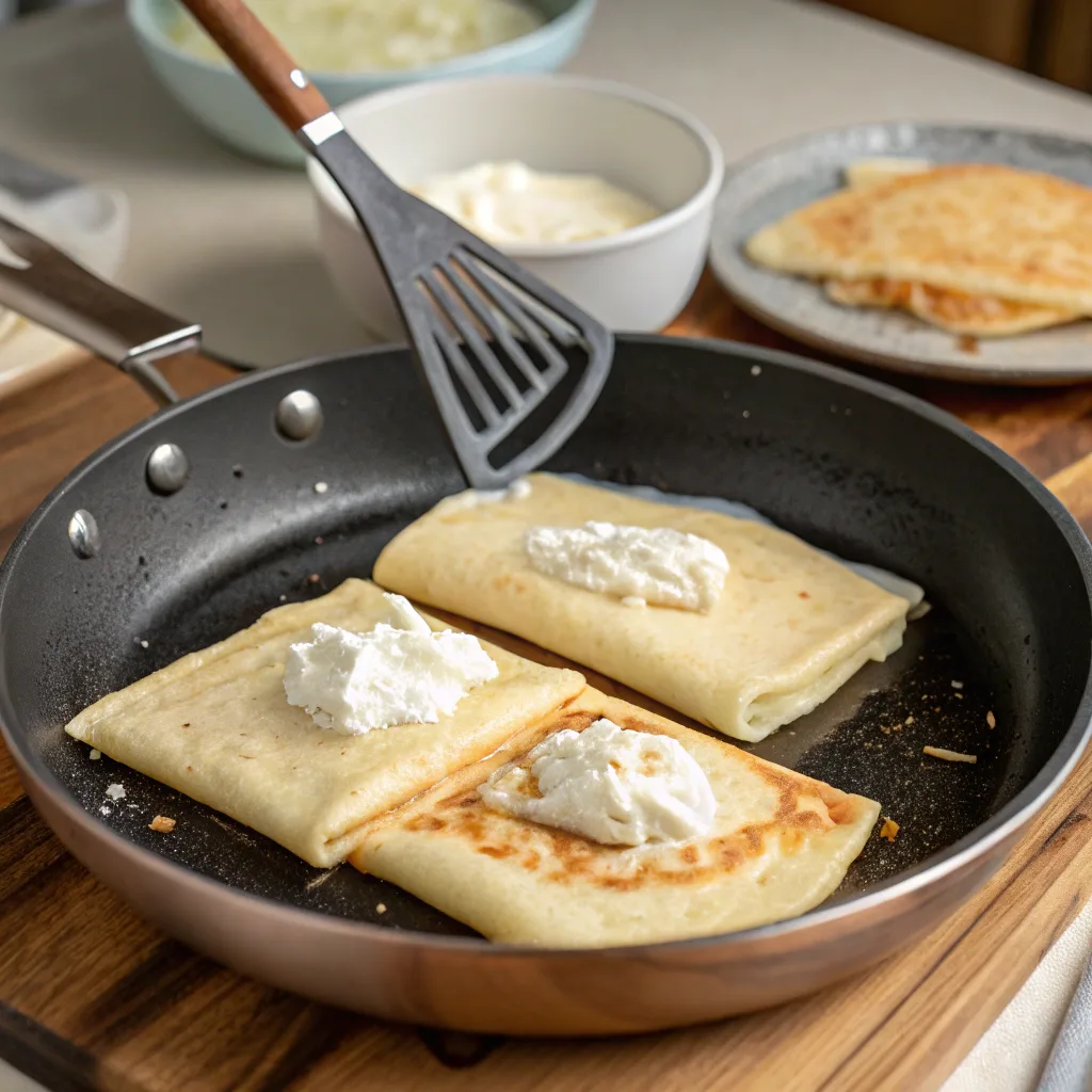 Cheese blintzes frying in skillet