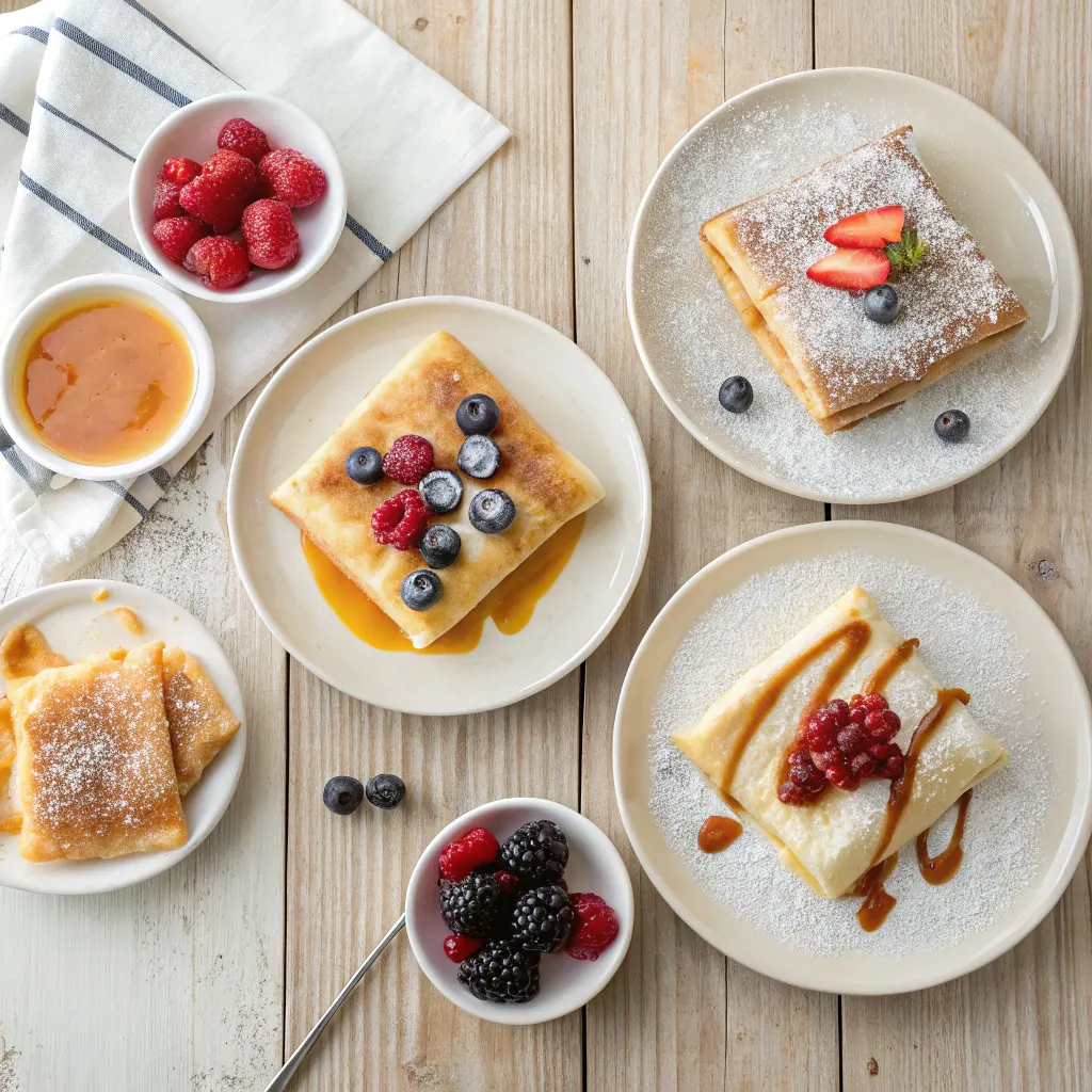 Cheese blintzes with fruit and powdered sugar