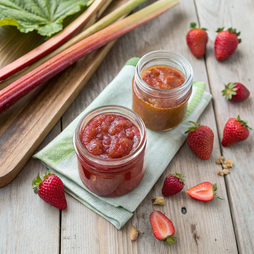 Strawberry-rhubarb jam and plain rhubarb jam