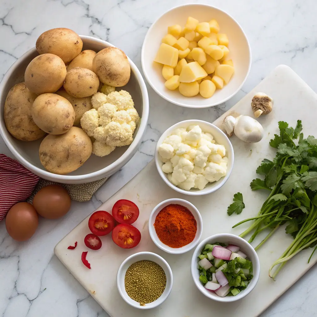 Ingredients for Cauliflower, Egg & Potato Curry laid out