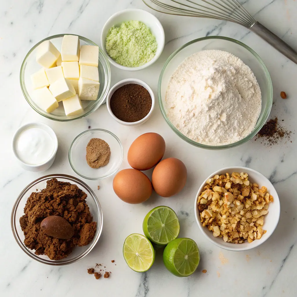 Ingredients for Cocoa-Nutty Lime Tart laid out