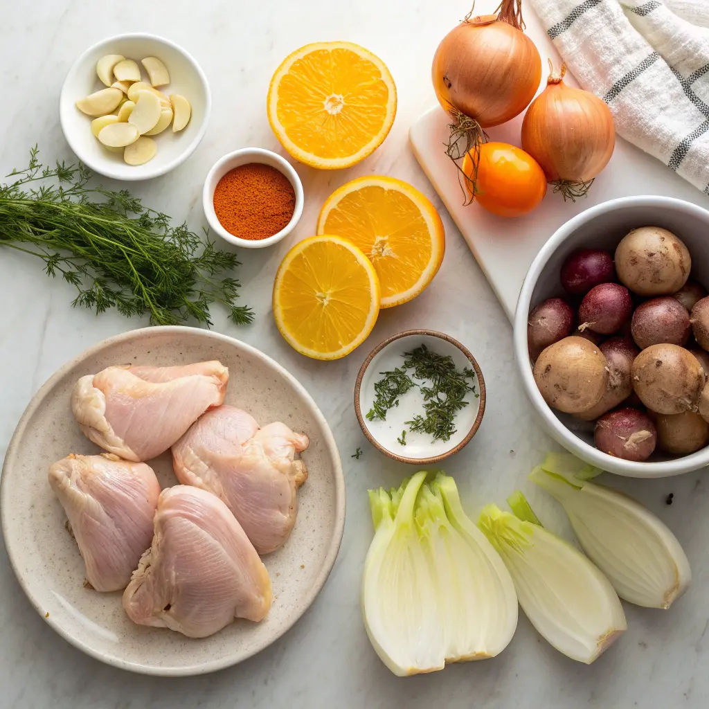 Ingredients for roasted chicken thighs with fennel and orange