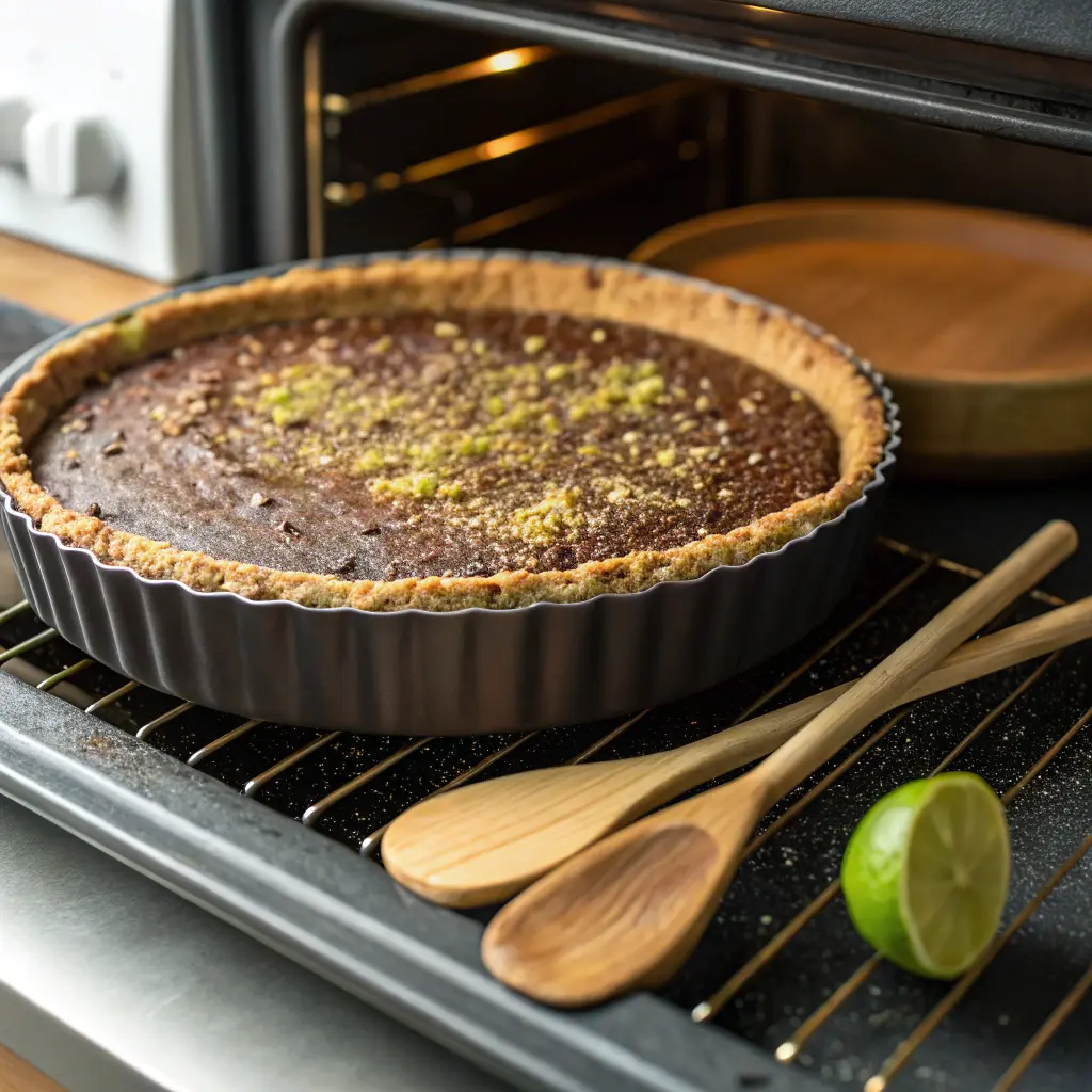 Cocoa-Nutty Lime Tart baking in oven