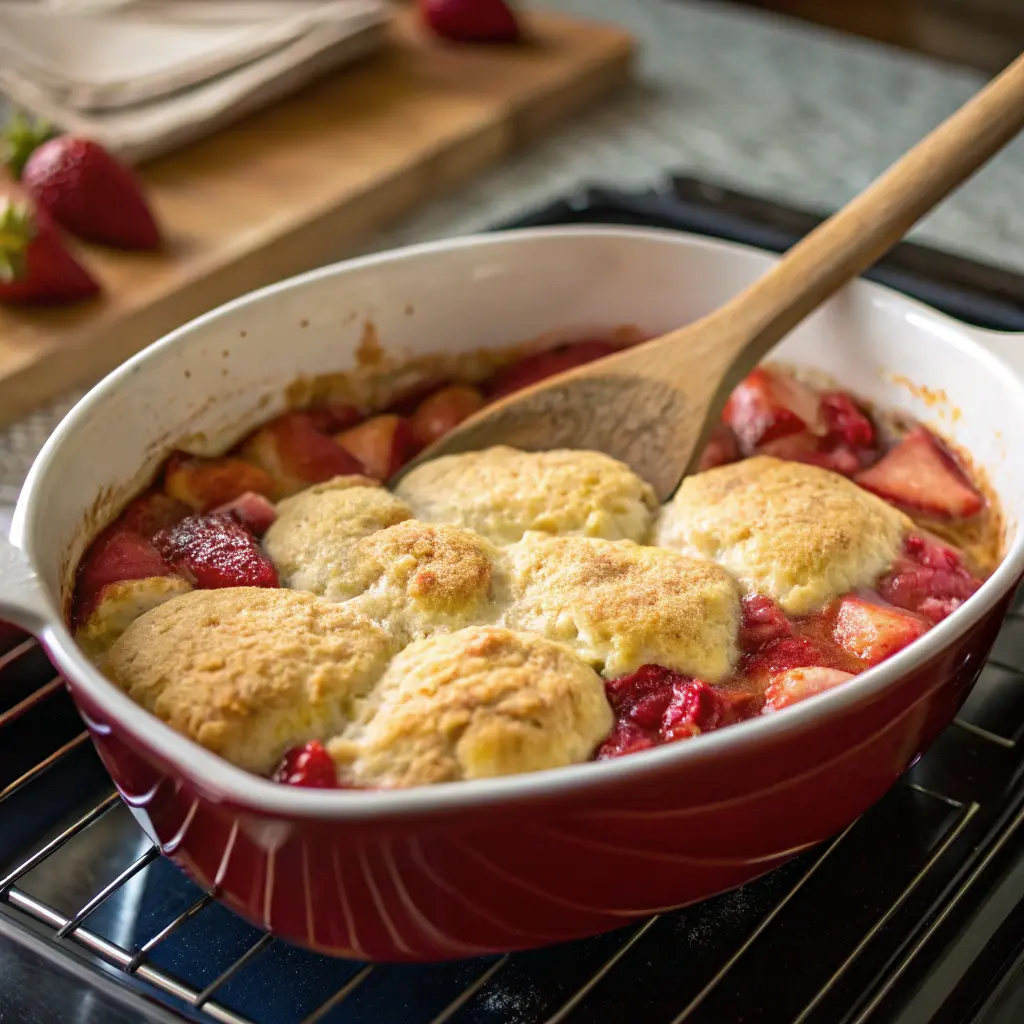 Baking strawberry rhubarb cobbler in the oven
