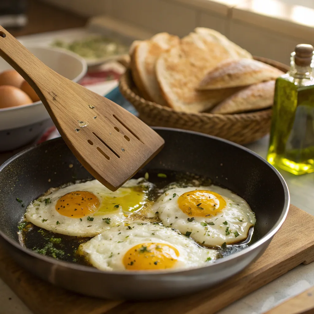 Cooking eggs for Mediterranean breakfast sandwich
