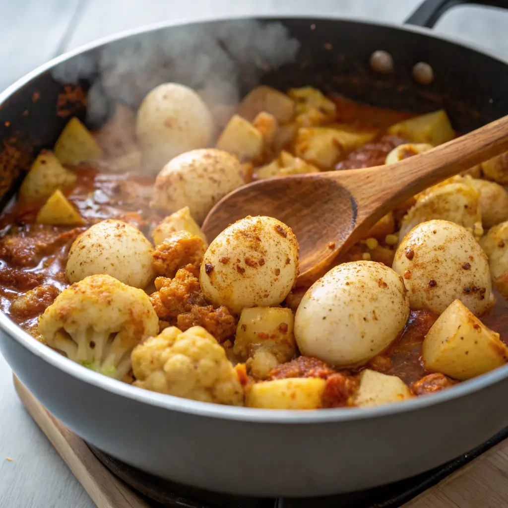 Cooking Cauliflower, Egg & Potato Curry on stove