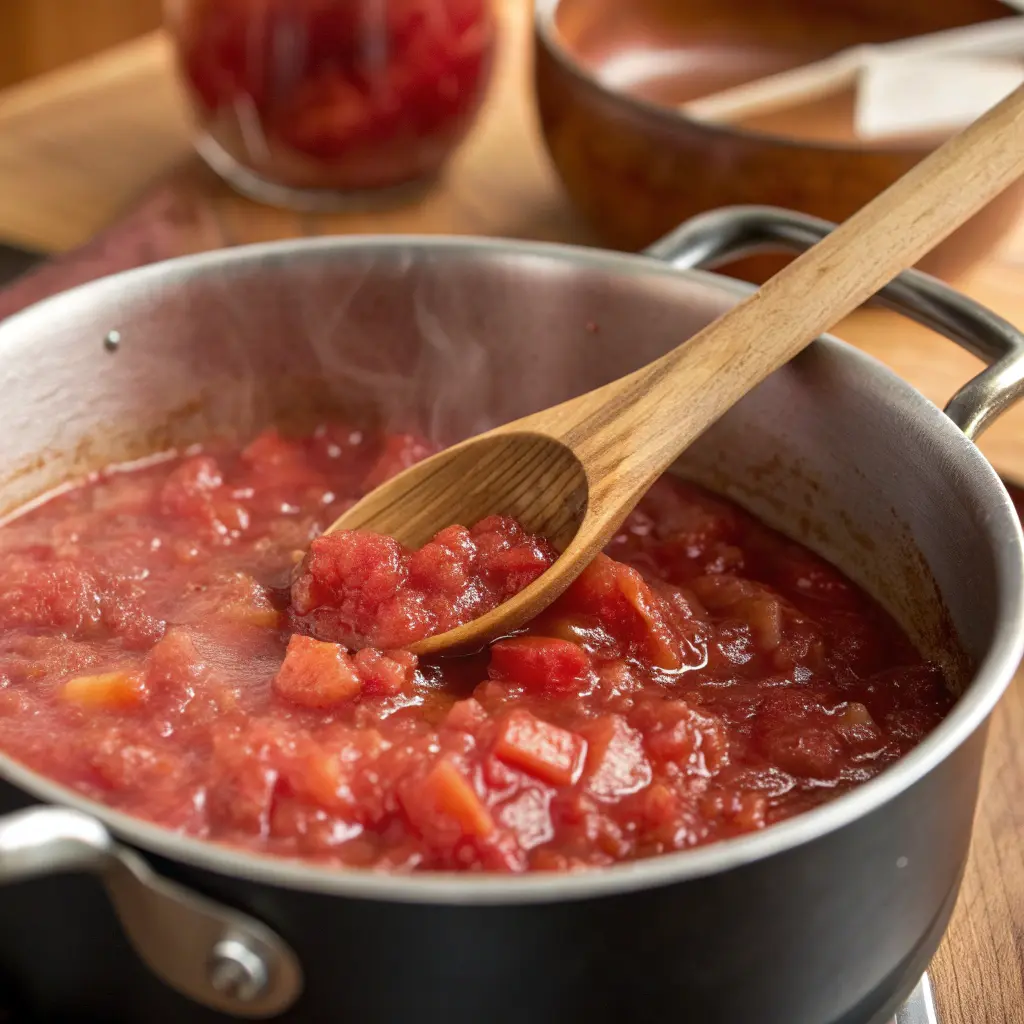 Rhubarb jam cooking in a saucepan