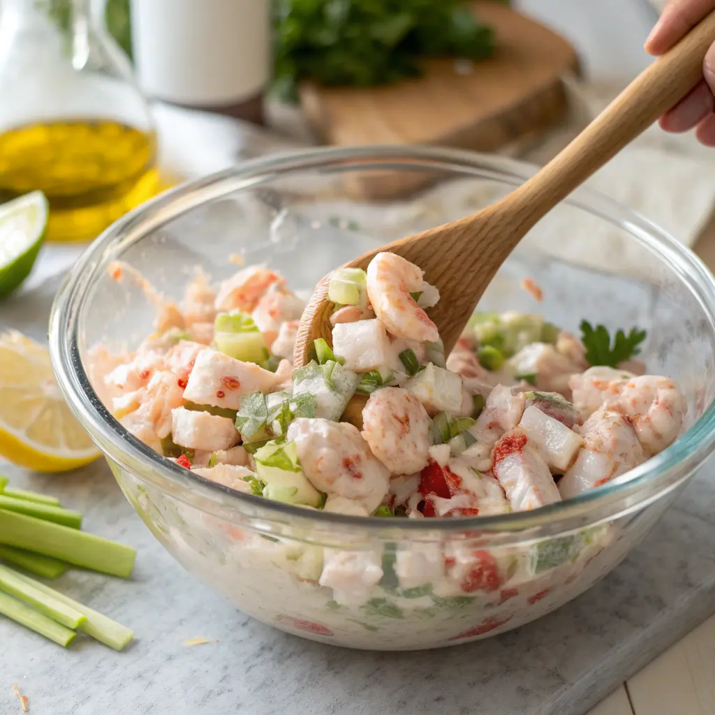Mixing seafood salad recipe