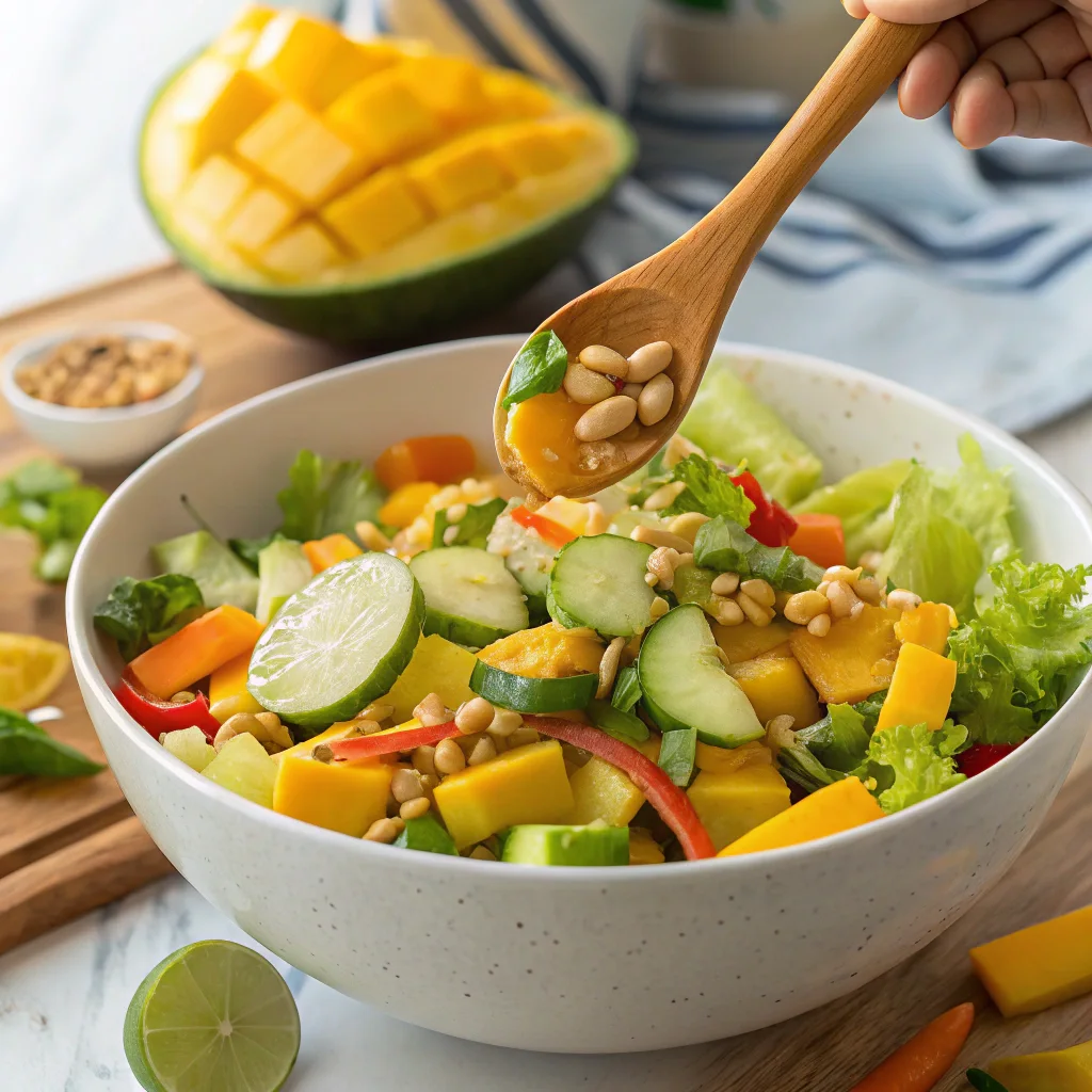 Tossing mango salad with dressing