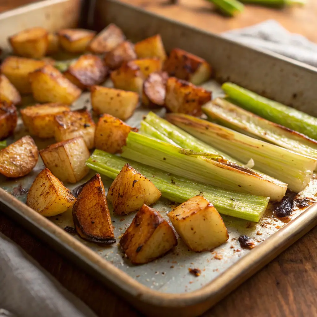 Ingredients for roasted celery and potato soup