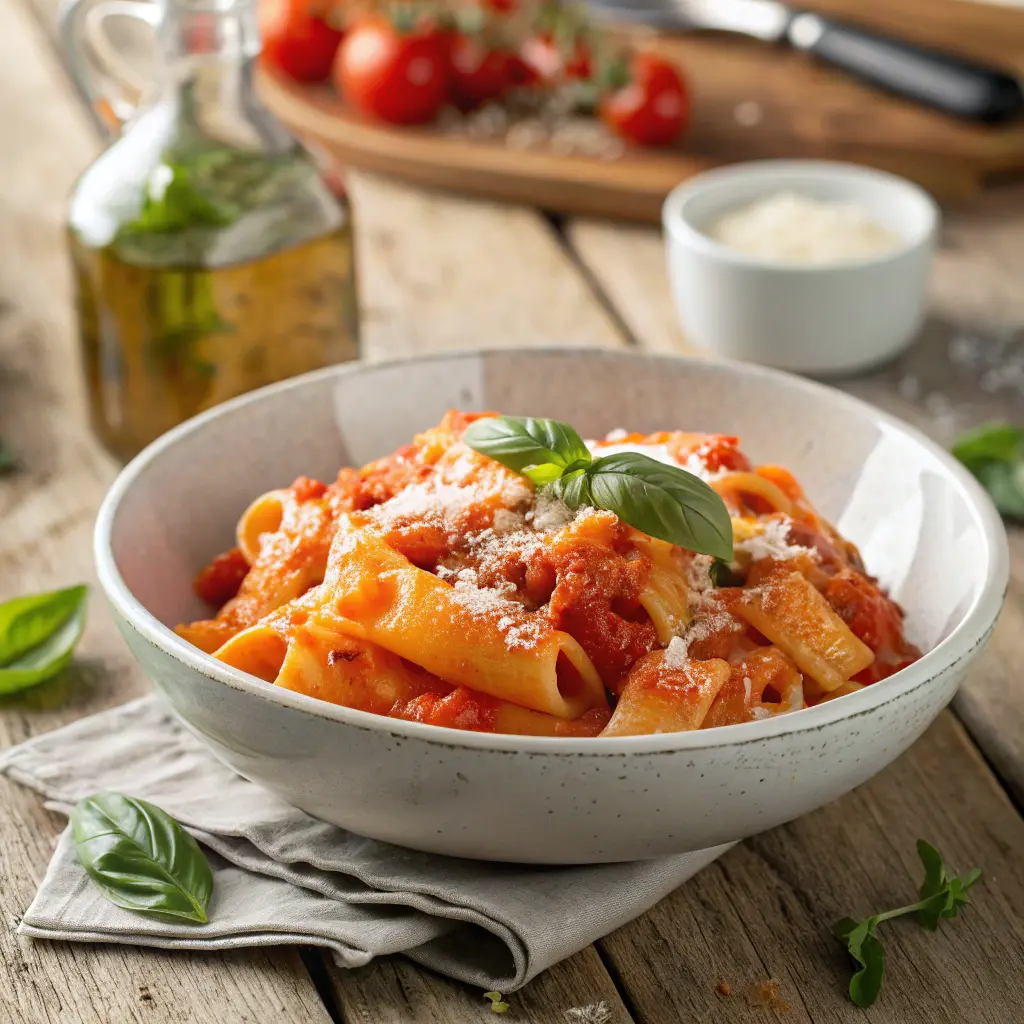 Tomato ricotta pasta with basil and parmesan