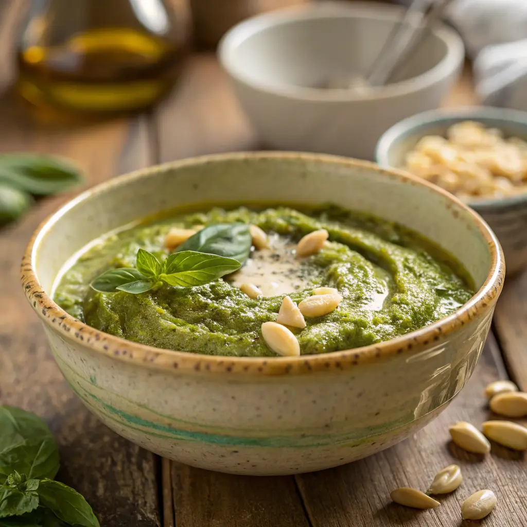 Fresh basil pesto in rustic bowl