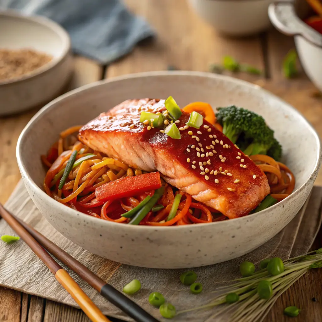 Gochujang noodles with salmon bowl