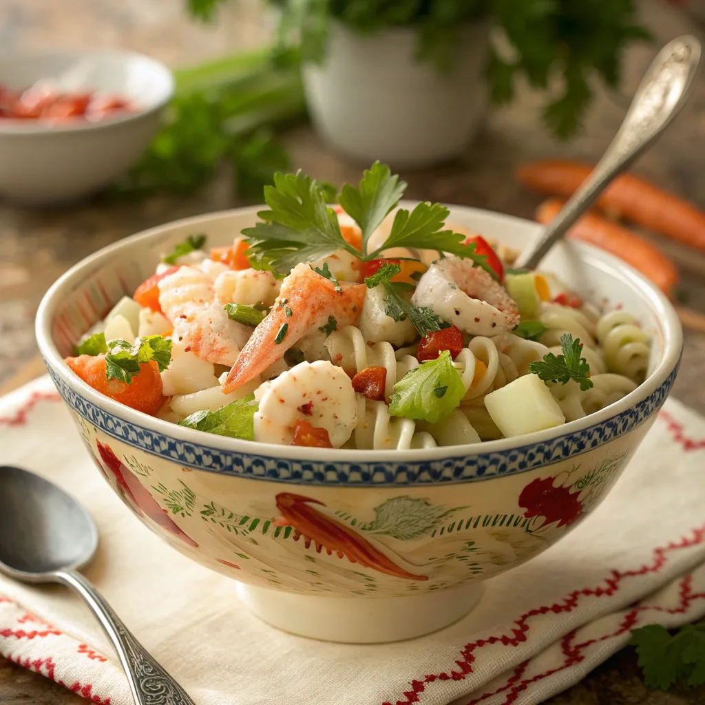 Served seafood pasta salad with garnish