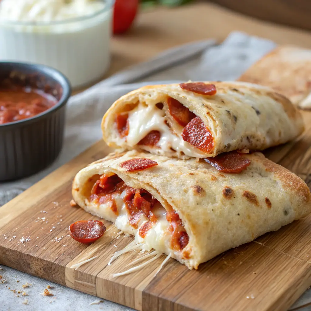 Cheesy Pepperoni Pizza Roll Up sliced with melted cheese