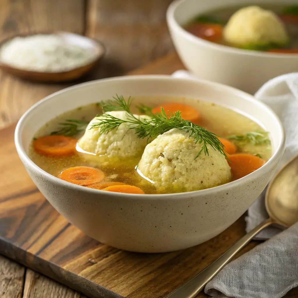 Classic matzo ball soup in bowl