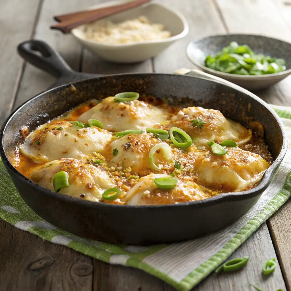 Cheesy dumpling bake in a skillet