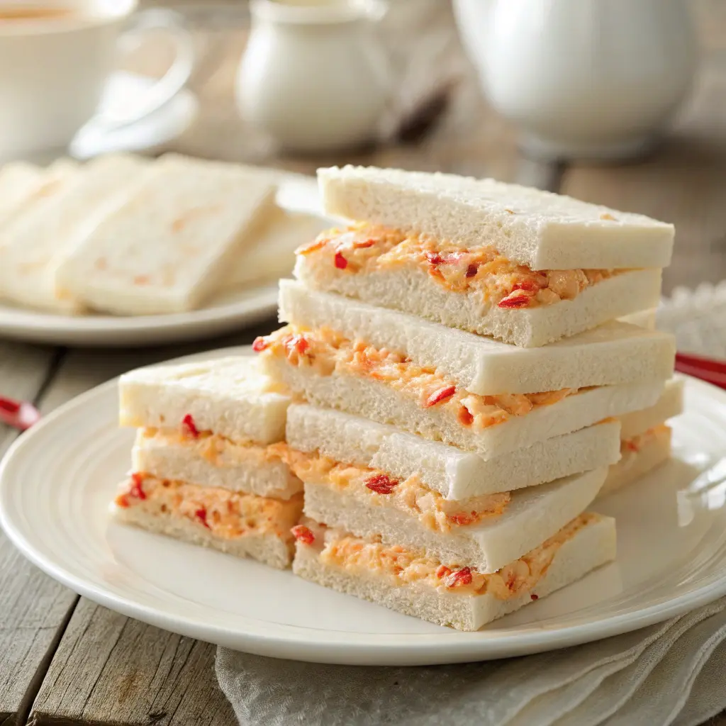 Pimiento cheese finger sandwiches on plate