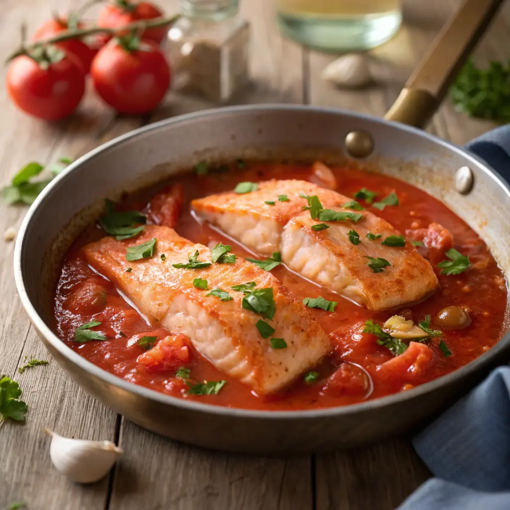 Garlic salmon in tomato sauce close-up