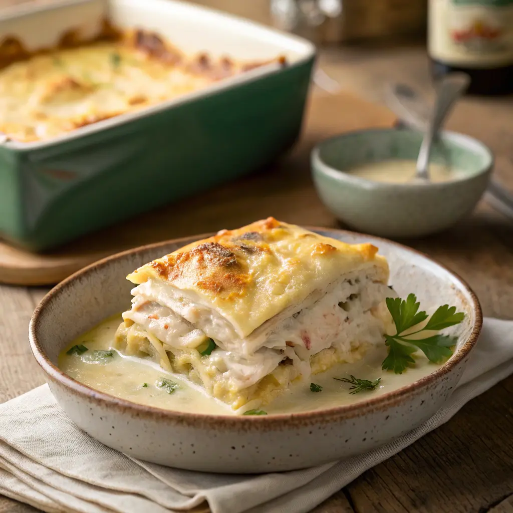 Chicken dumpling lasagna slice close-up