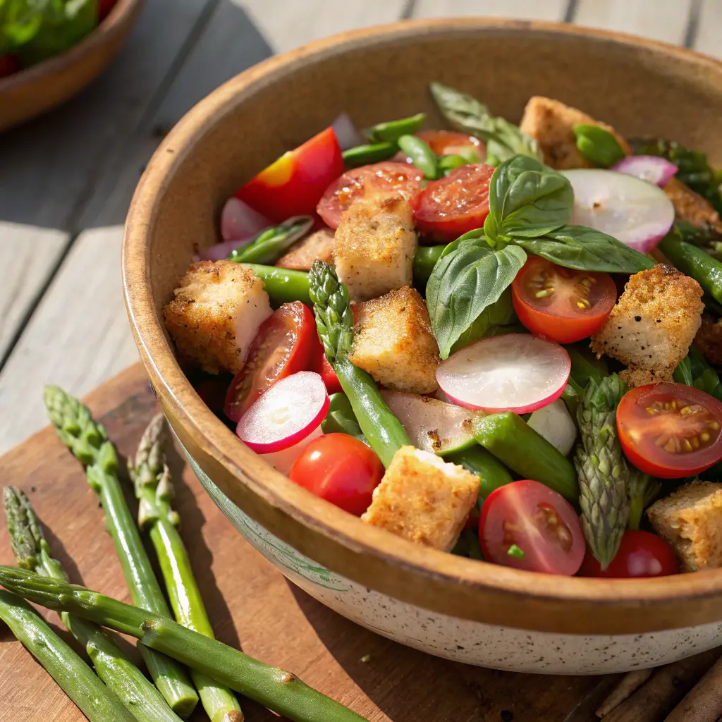 Spring Panzanella salad in rustic bowl