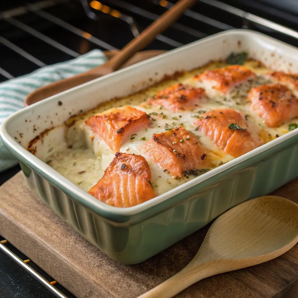 Baking spicy salmon sushi bake
