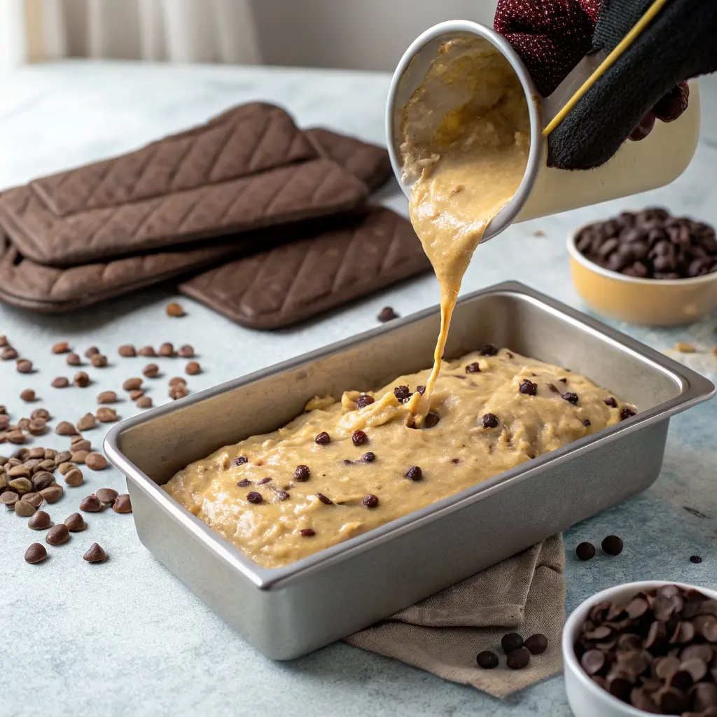 Batter in loaf pan ready to bake