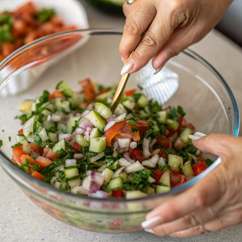Persian Shirazi Salad – healthy and vibrant Iranian classic 11 Mixing Persian Shirazi salad