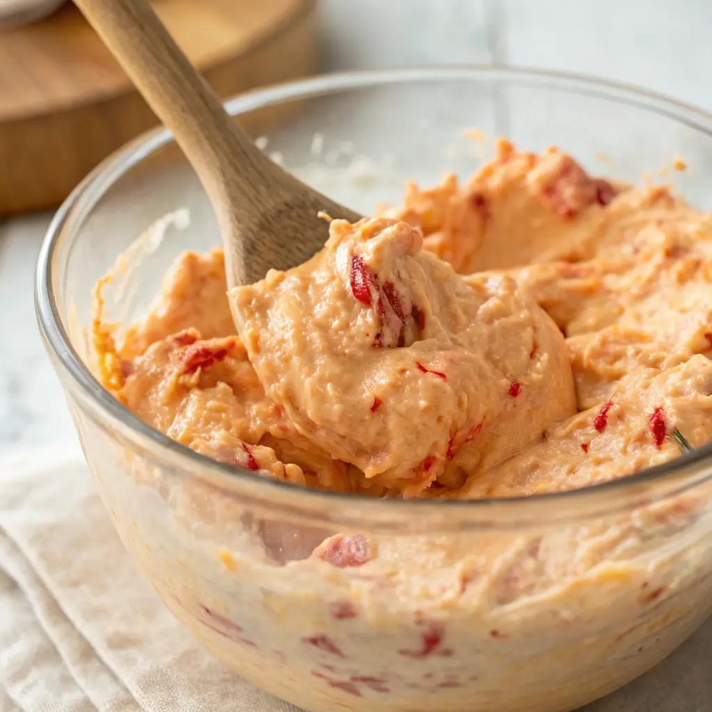 Mixing pimento cheese filling