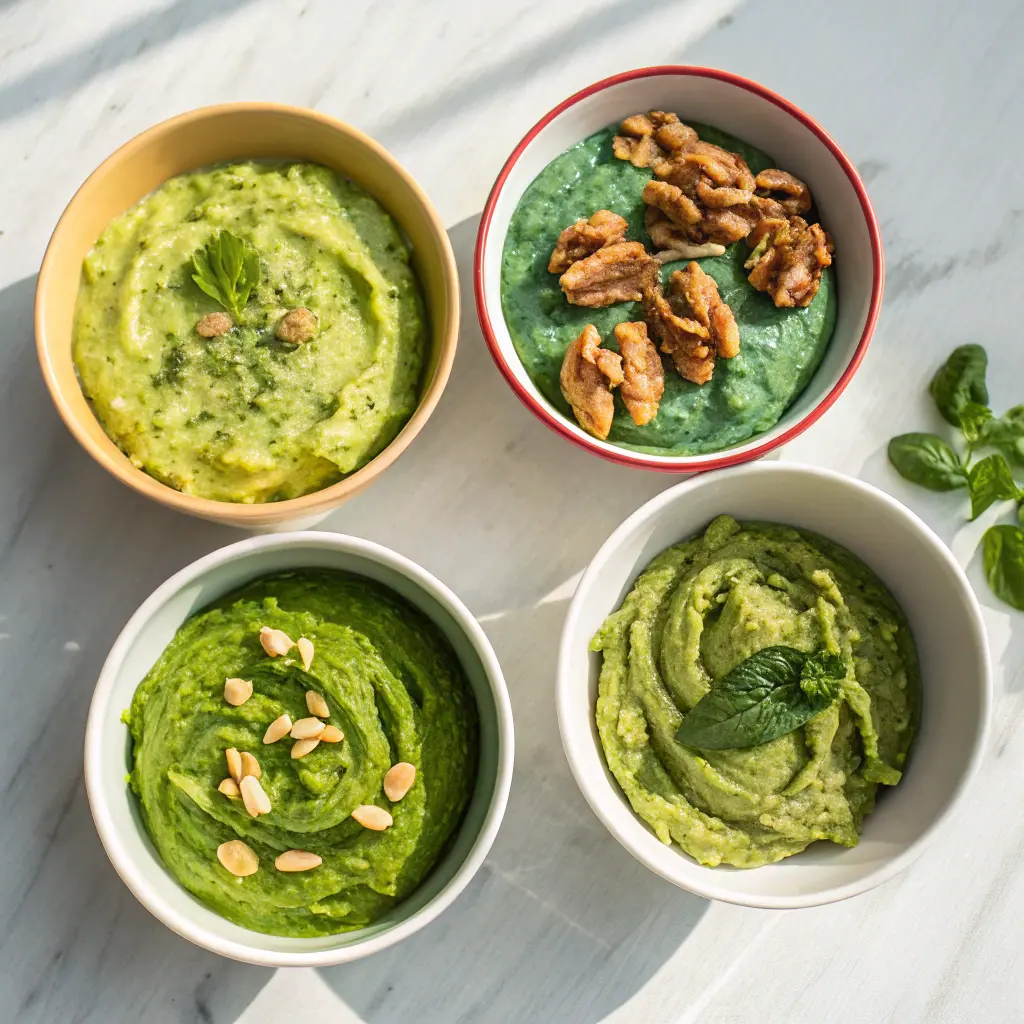 Variations of spinach pesto in small bowls