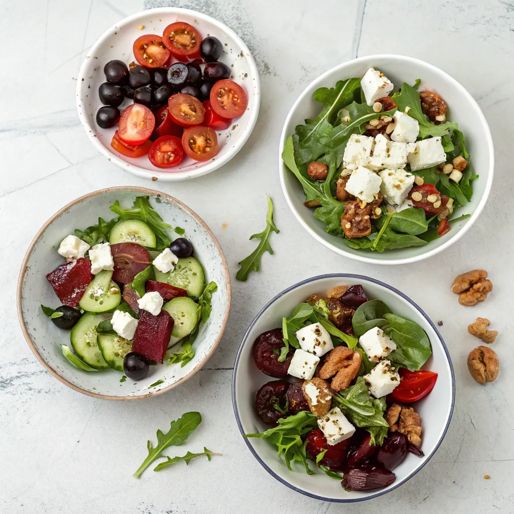 Four feta salad variations flat lay