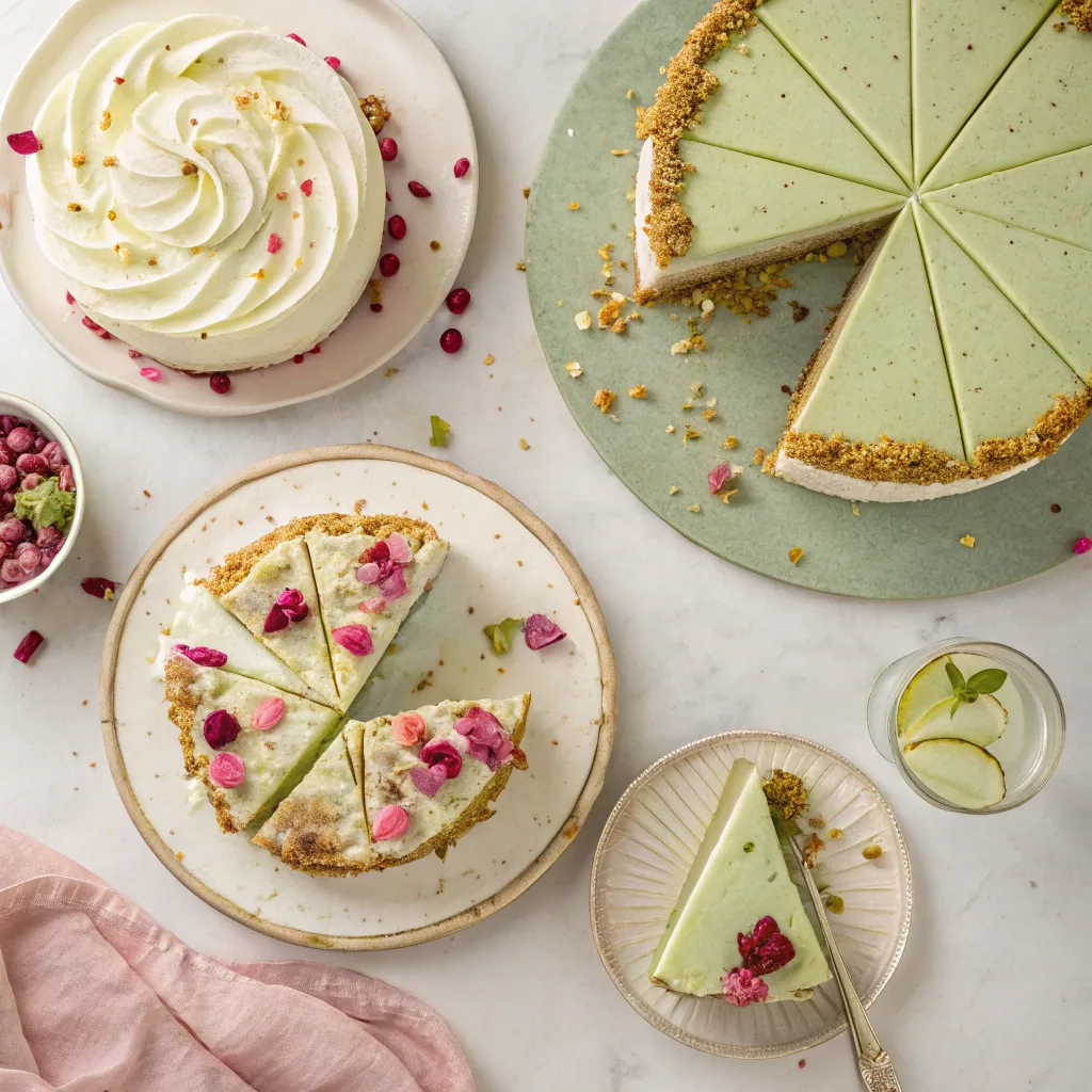 Different styles of pistachio rose milk cake