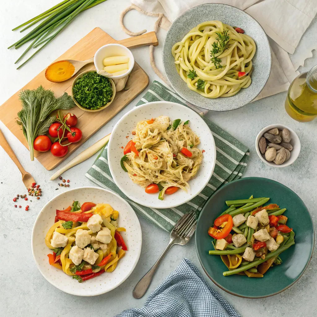 Three variations of Pasta Primavera