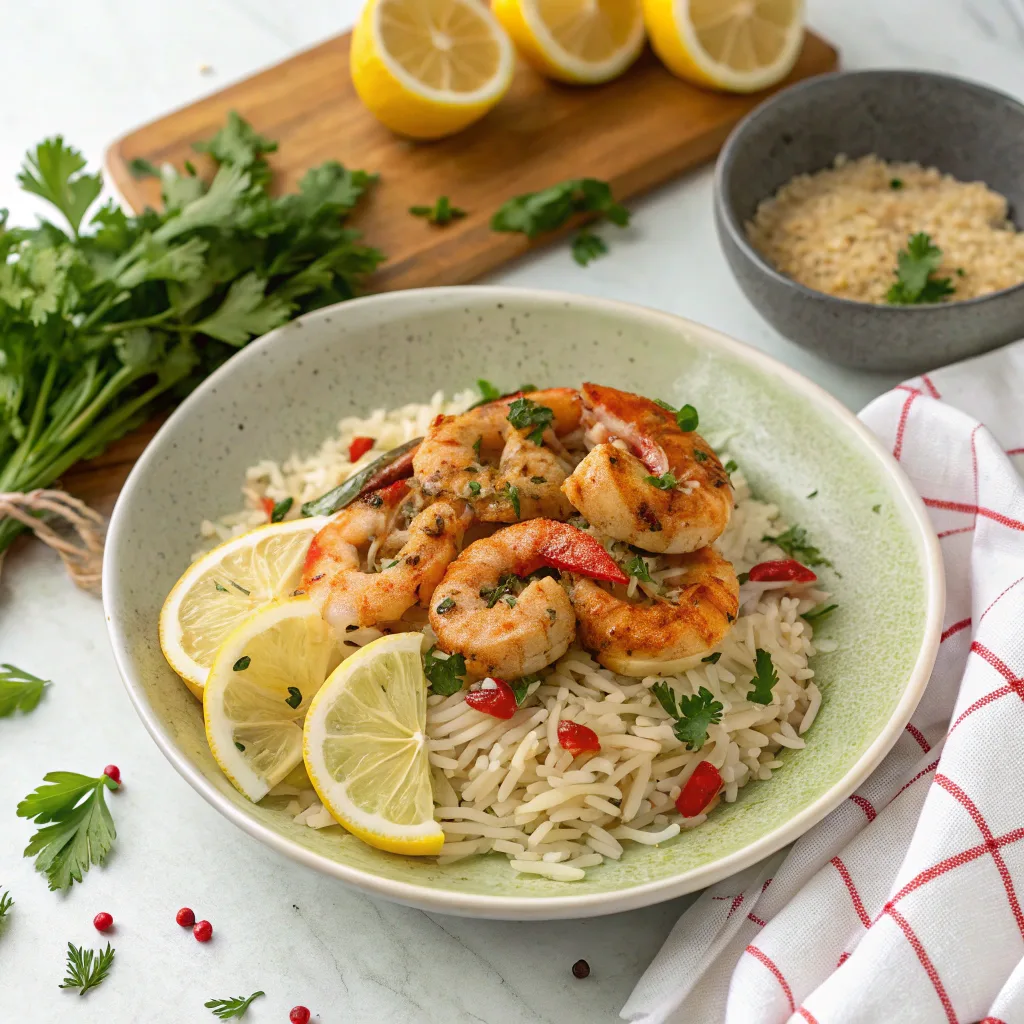 Shrimp Oreganata plated with rice