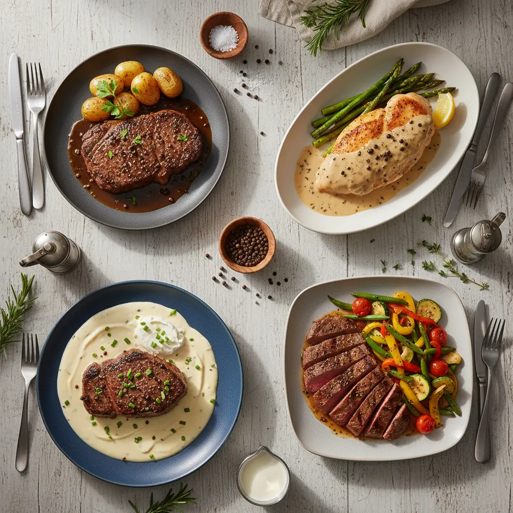 Cooking steak au poivre in skillet