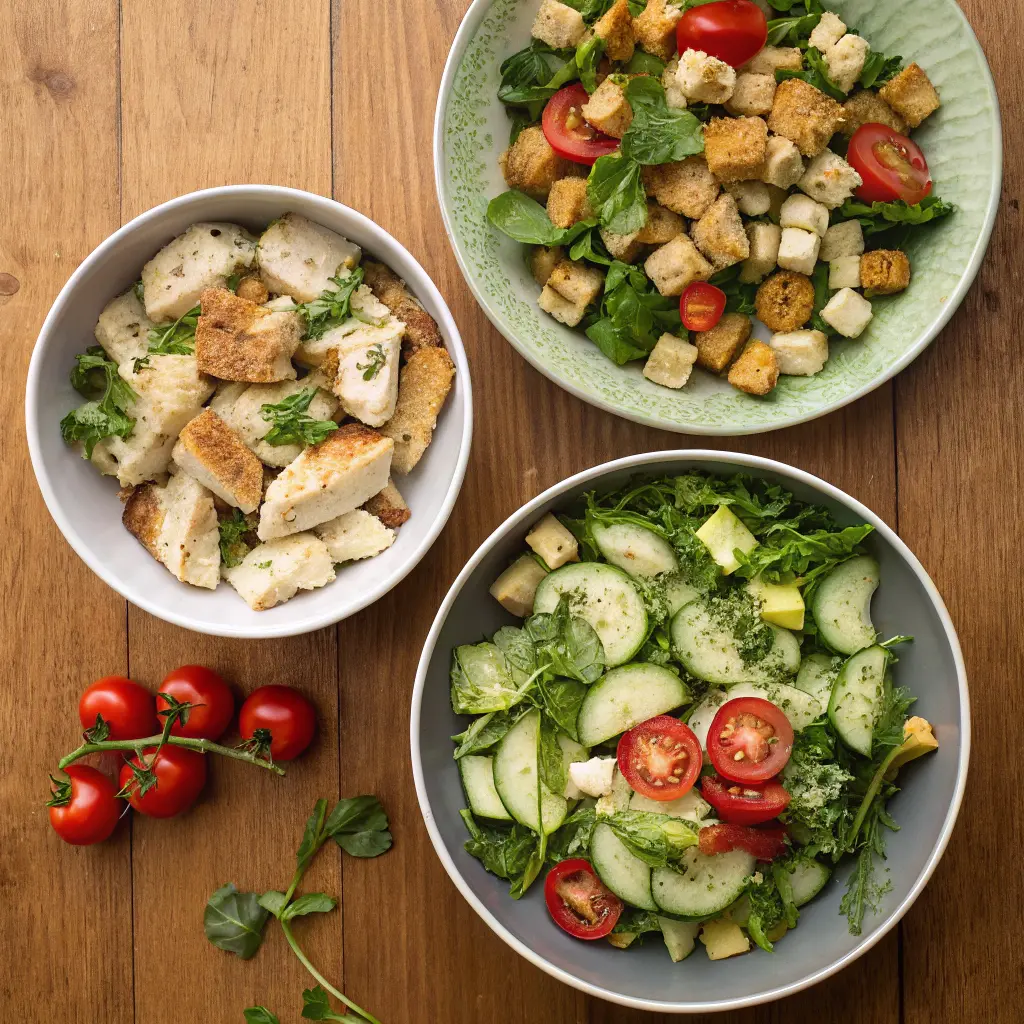 Spring Panzanella variations flat lay